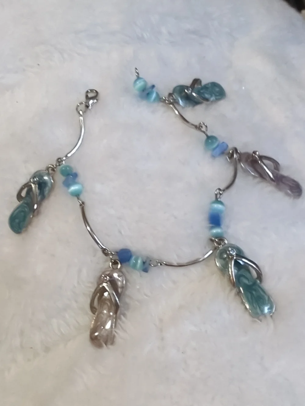 Flip Flop Bracelet Cats Eye Beads Rhinestones Enamel Silver Beach Vacation NWOT